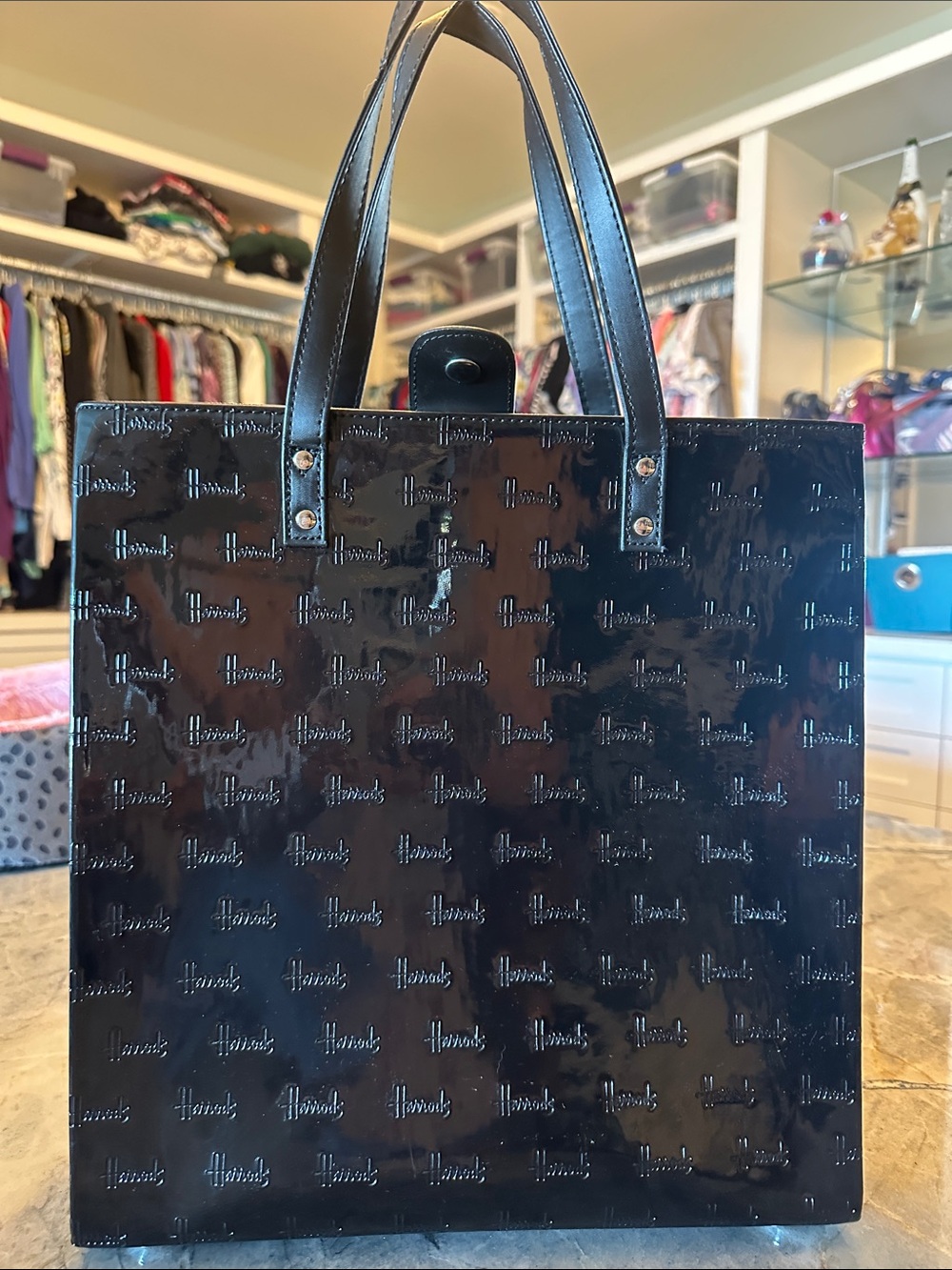 Harrods Black Patent Logo-Embossed Tote